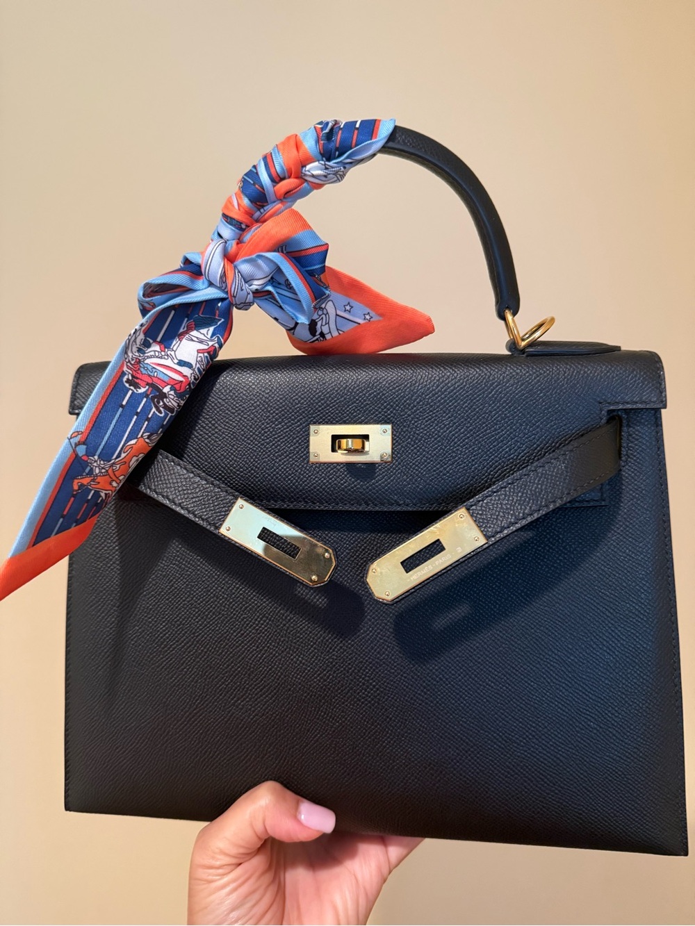 Black Structured Kelly Epsom Top-Handle Satchel ghw Orange & Blue Scarf Accent